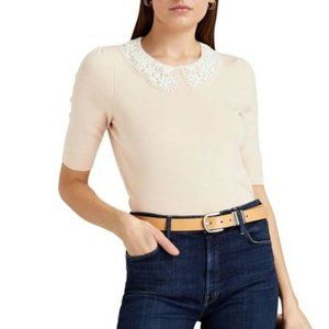 -Maje Beige Wool Sweater with Marinette Guipere Lace Collar Size 1